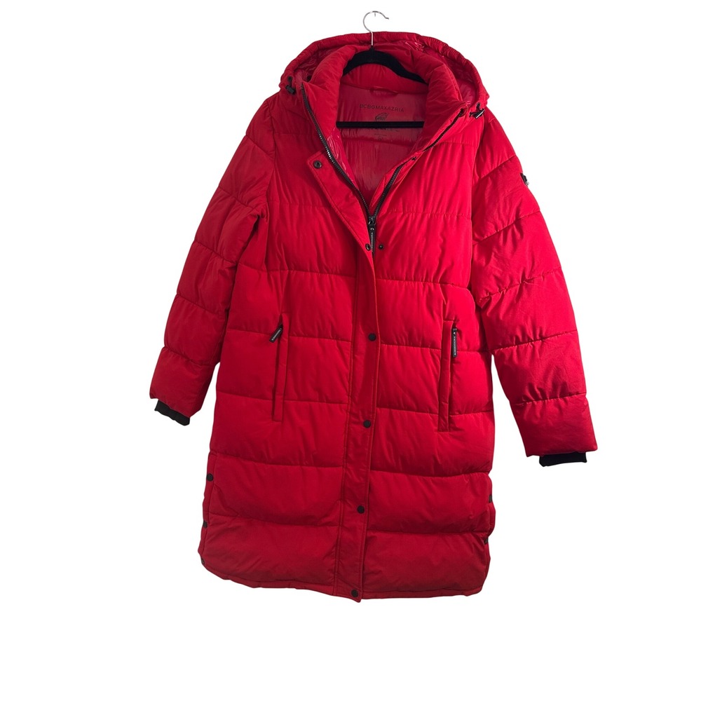 BCBGMAXAZRIA Womens Red Hooded Longline Puffer Coat Eco Friendly Fill Large